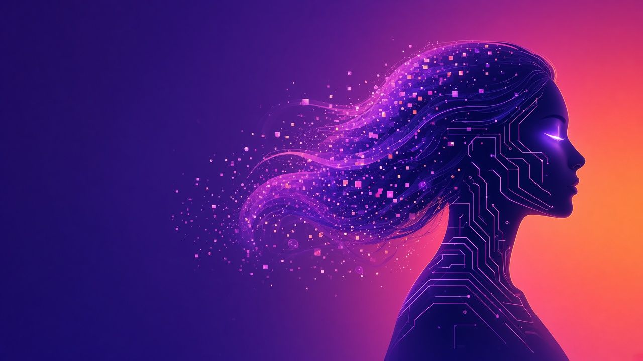 Sloane, a cyber woman in profile whose hair dissolves into glowing token-like pixels